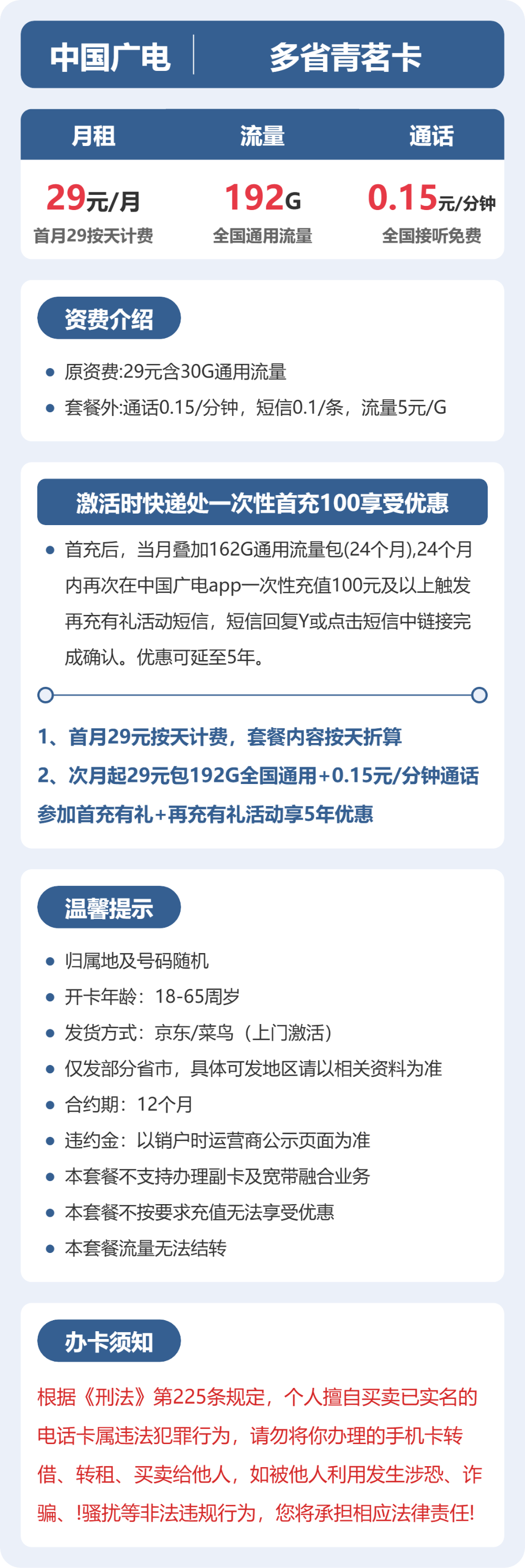 多省青茗卡29元包192G+0.15元/分钟详情图1