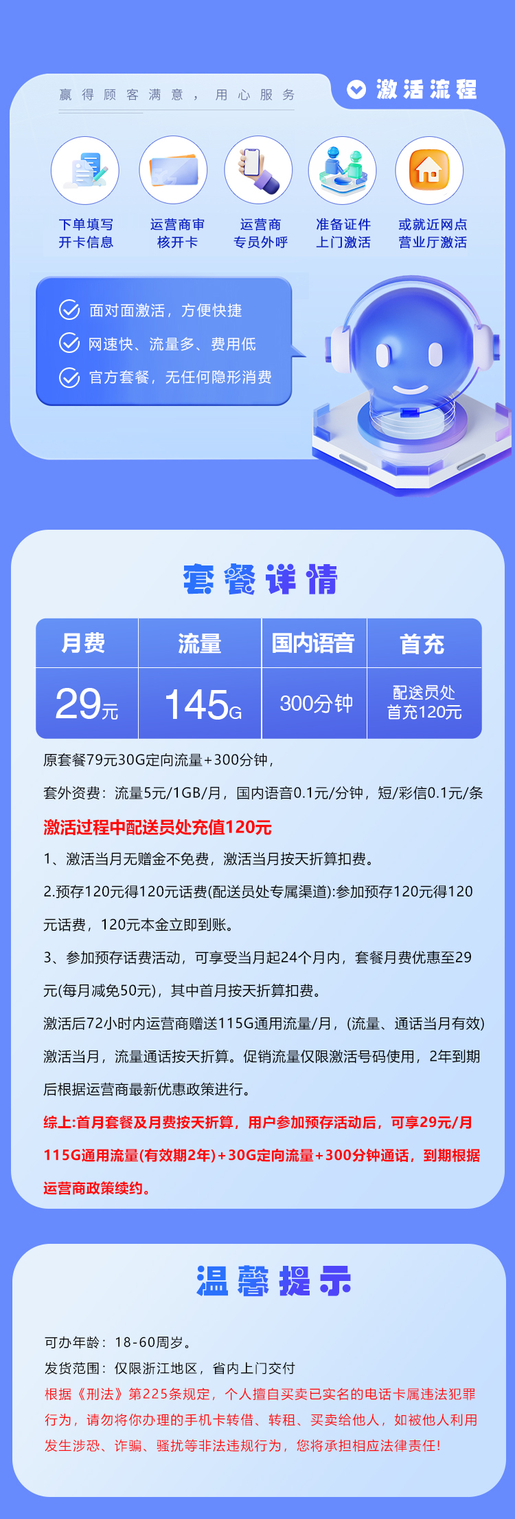浙江省内电信卡【29元145G+300分钟】详情图1
