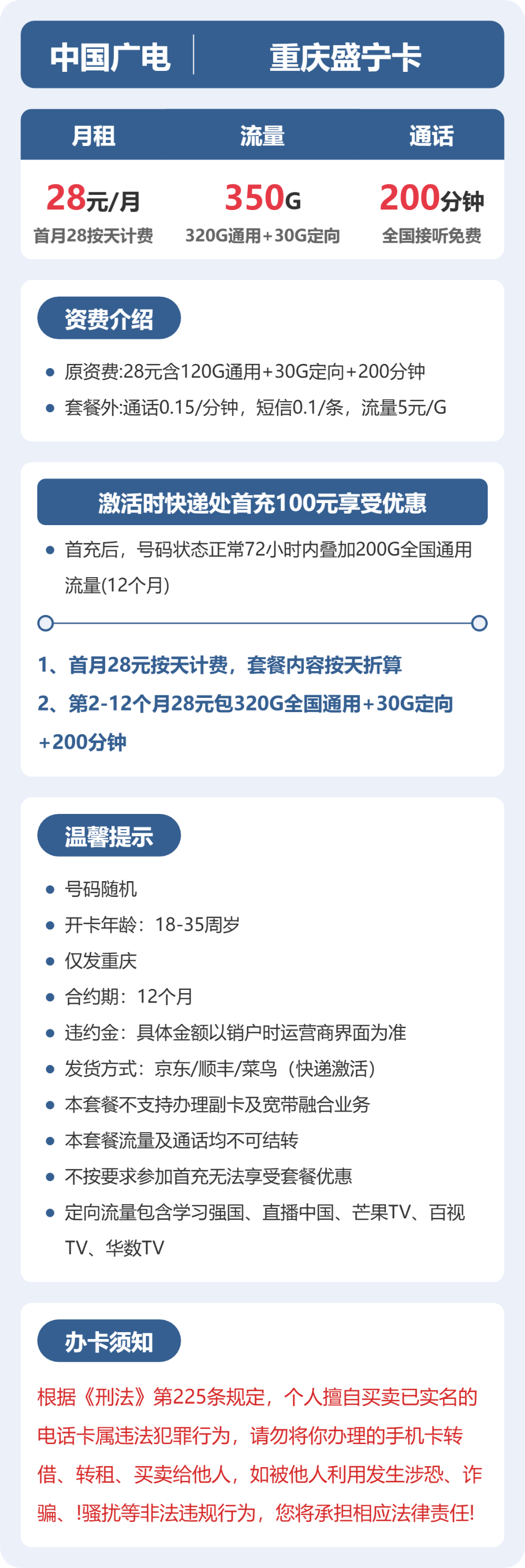 重庆盛宁卡28元包350G+200分钟详情图1