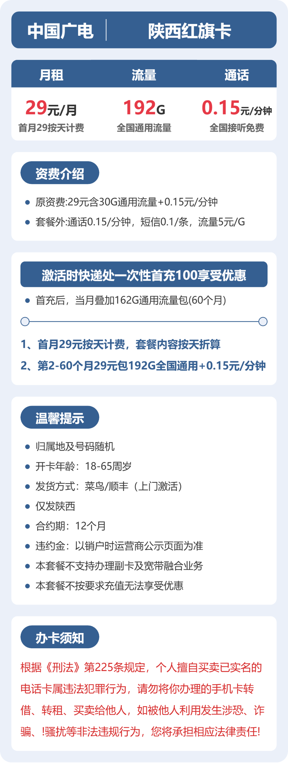 陕西红旗卡29元包192G+0.15元/分钟详情图1
