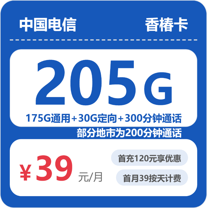 省内香椿卡39元包205G+300分钟