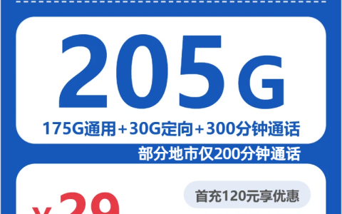 省内安宇卡29元包205G+300分钟通话套餐介绍