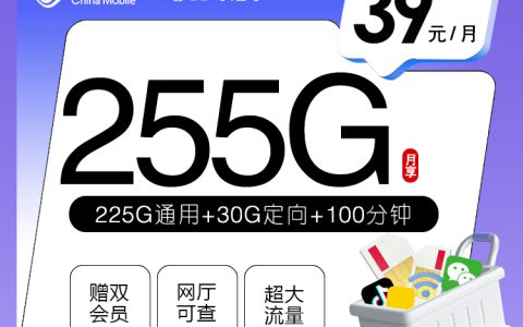 移动飞钻卡【39元255G+100分钟+双会员】【仅发广东】套餐介绍
