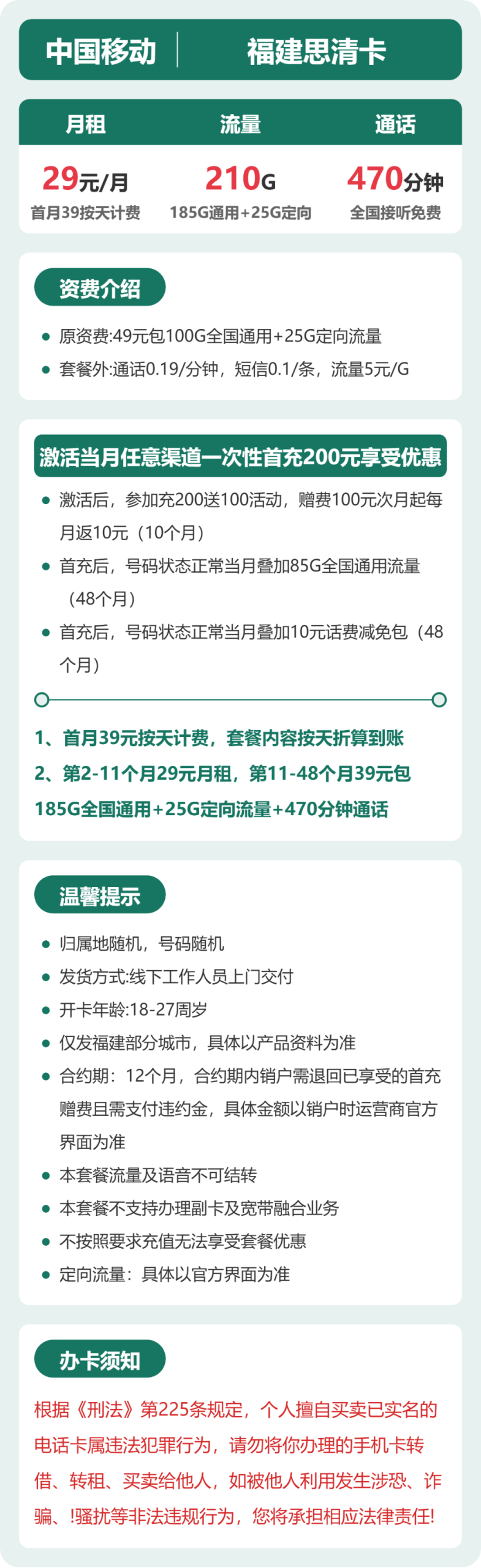 福建思清卡29元包210G+470分钟详情图1