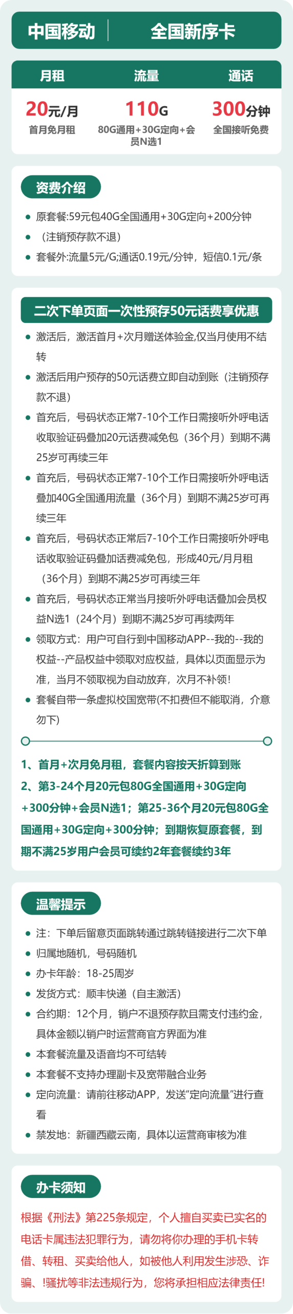 全国新序卡20元包110G+300分钟+会员详情图1