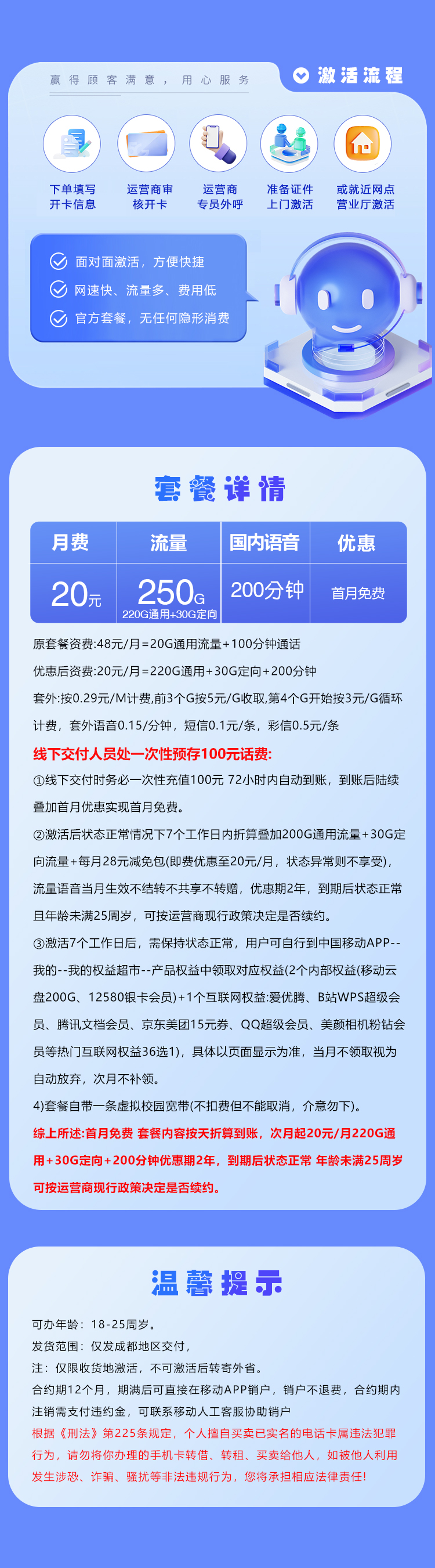 四川移动专享卡【20元250G+200分钟+会员】仅发成都详情图1