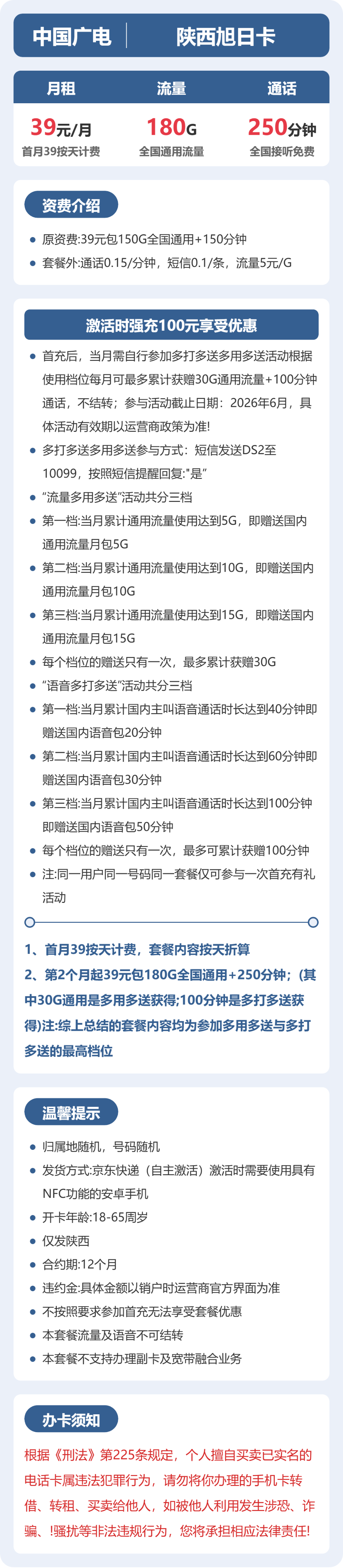 陕西旭日卡39元包180G+250分钟详情图1