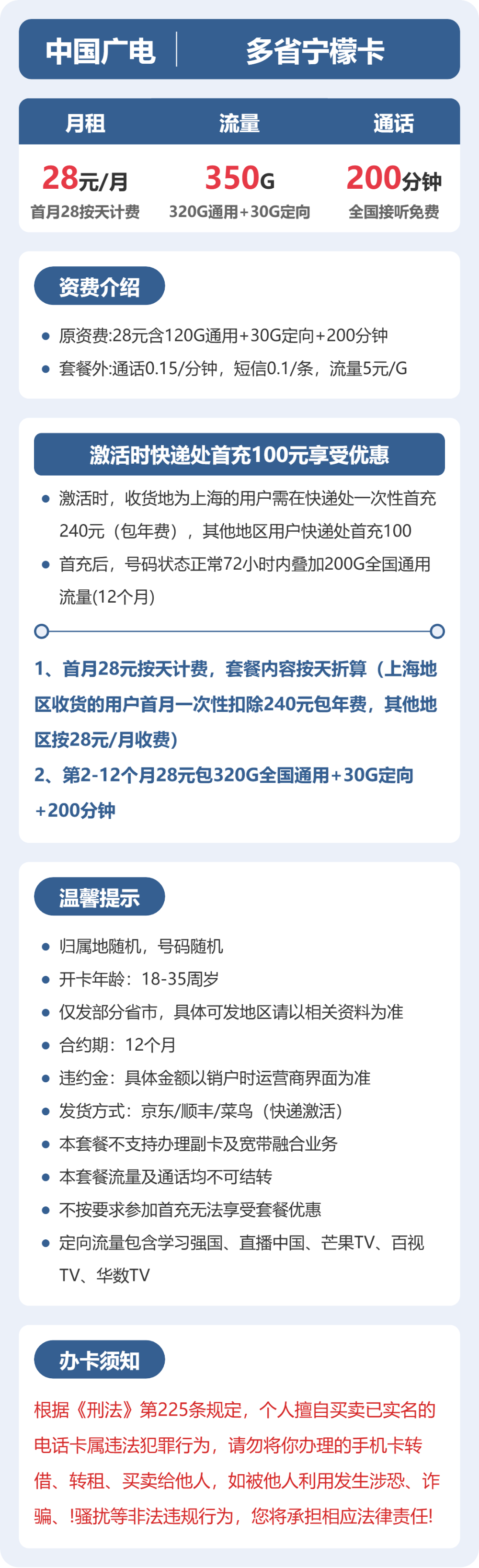 多省宁檬卡28元包350G+200分钟详情图1