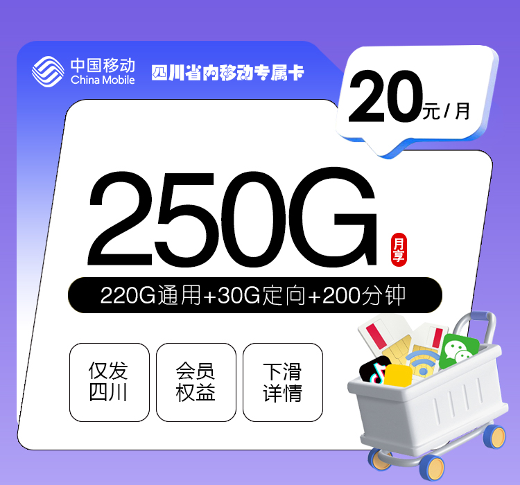 四川省内移动专属卡【20元250G+200分钟+会员】