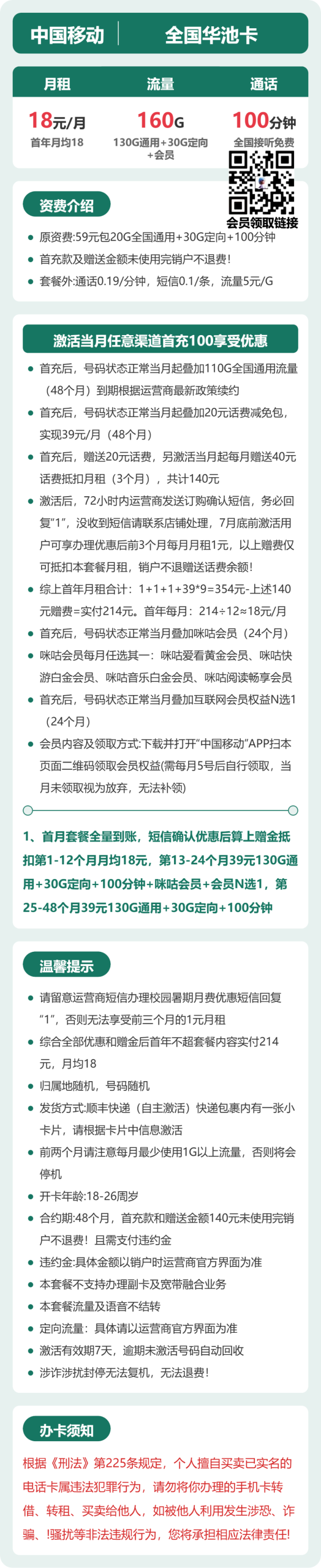 全国华池卡18元包160G+100分钟+会员详情图1