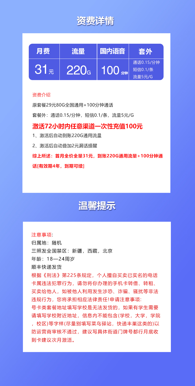 联通飞府卡2.0【31元220G+100分钟】详情图1