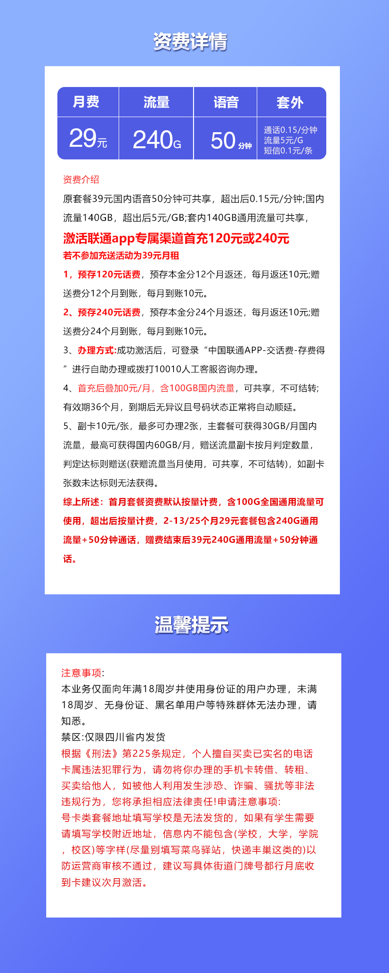 四川联通省内专享卡【29元240G+50分钟】详情图1