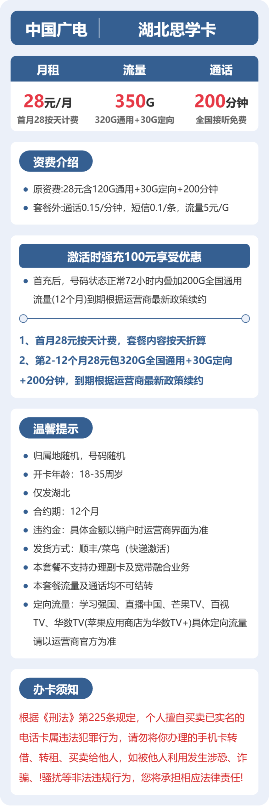 湖北思学卡28元包350G+200分钟详情图1