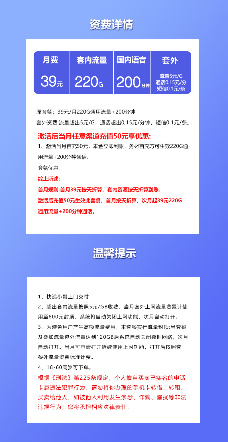 重庆专属联通卡2.0【39元220G+200分钟】详情图1