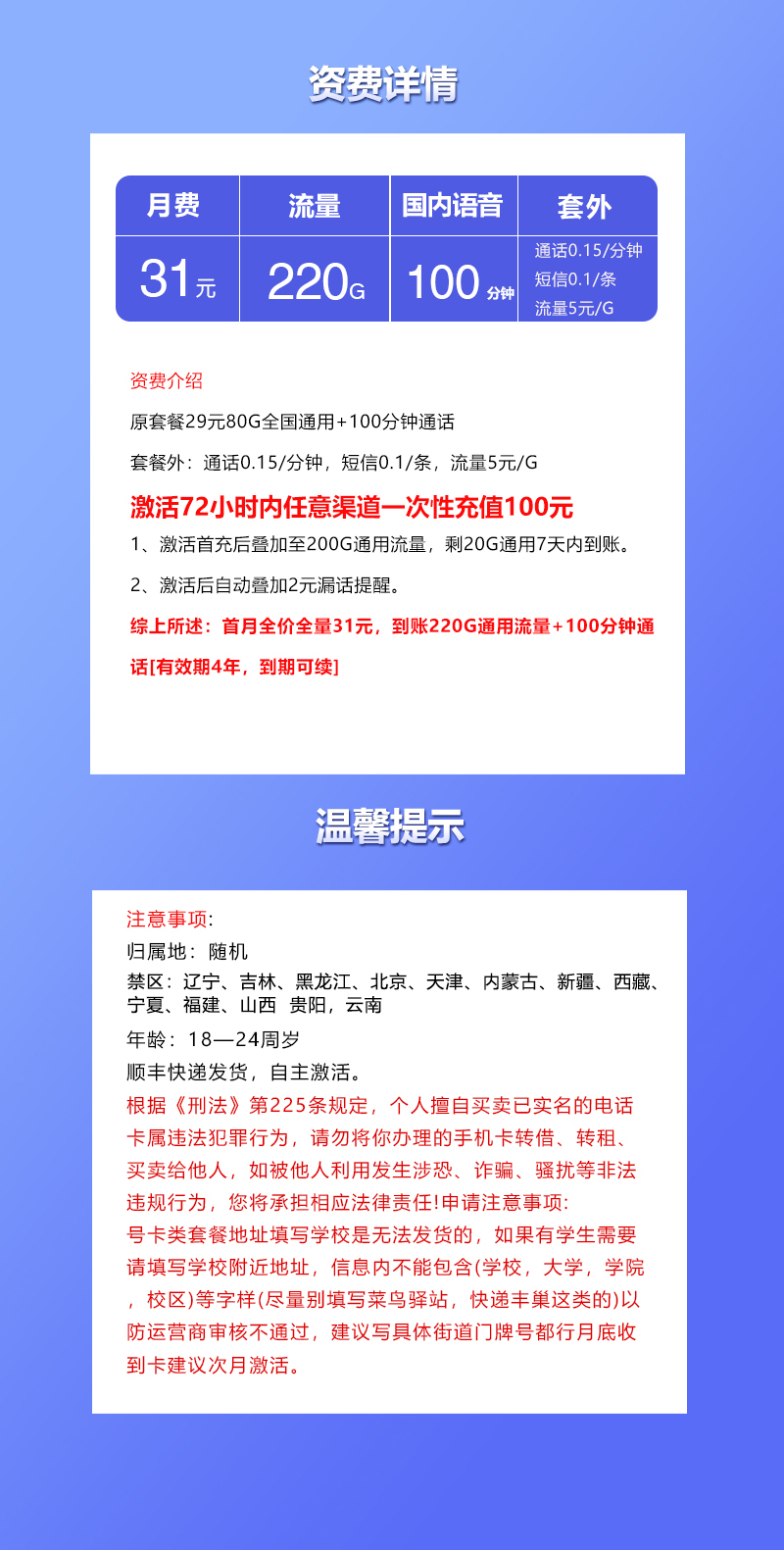 联通飞府卡3.0【31元220G+100分钟】详情图1