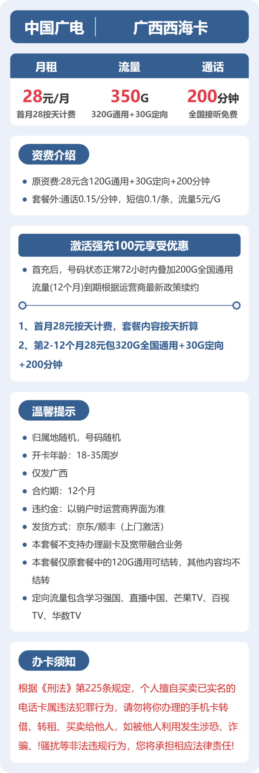 广西西海卡28元包350G+200分钟详情图1