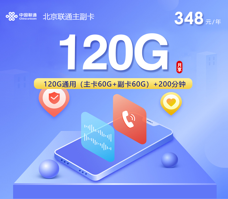 北京联通主副卡【348元包年每月120G+200分钟】