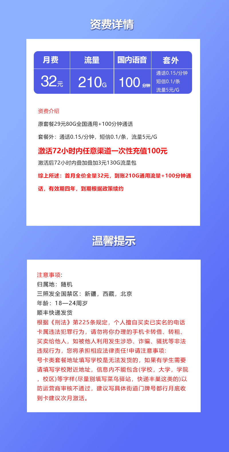 联通飞享卡【32元210G+100分钟】详情图1