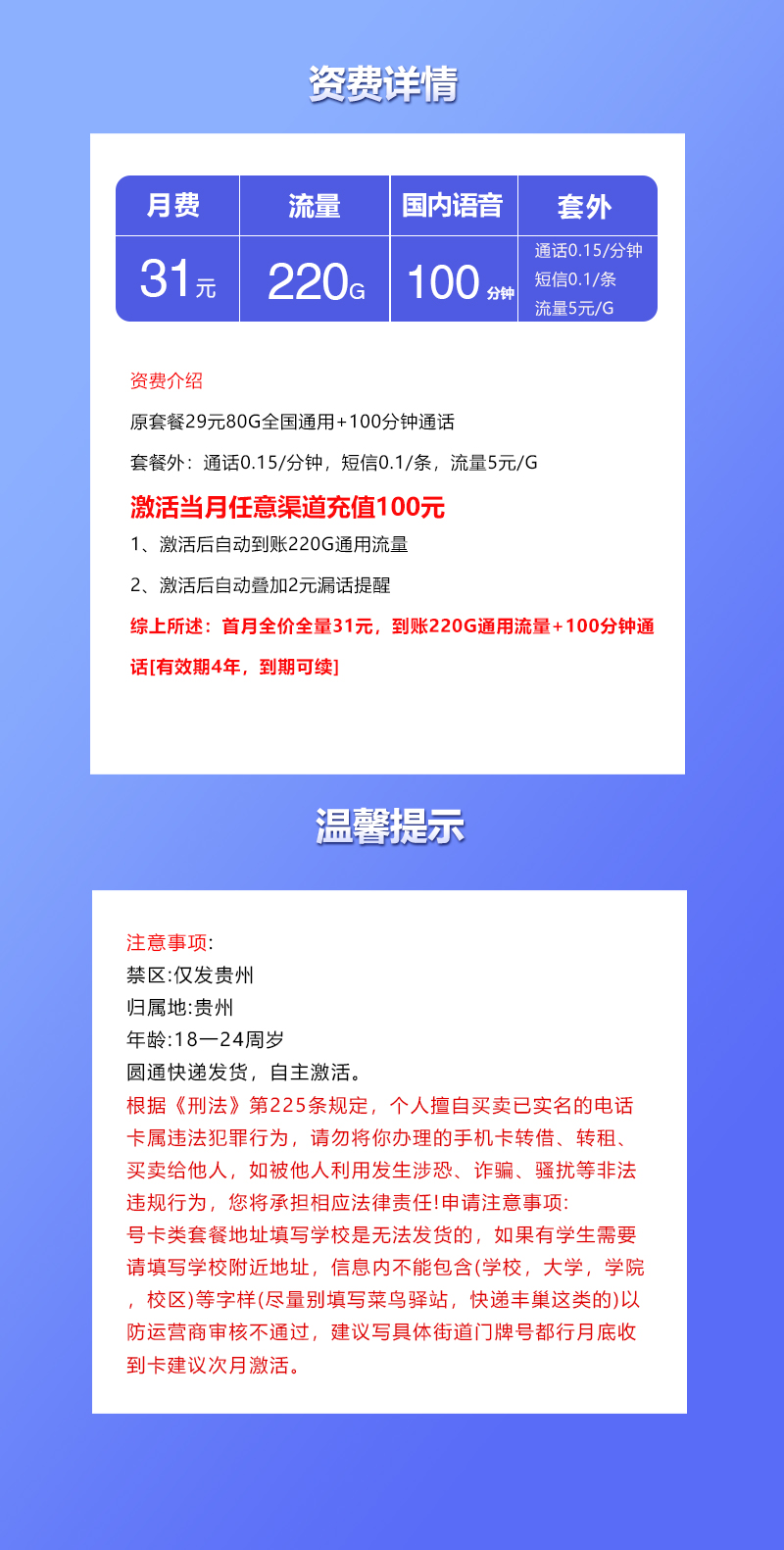 贵州联通省内专属卡【31元220G+100分钟】详情图1