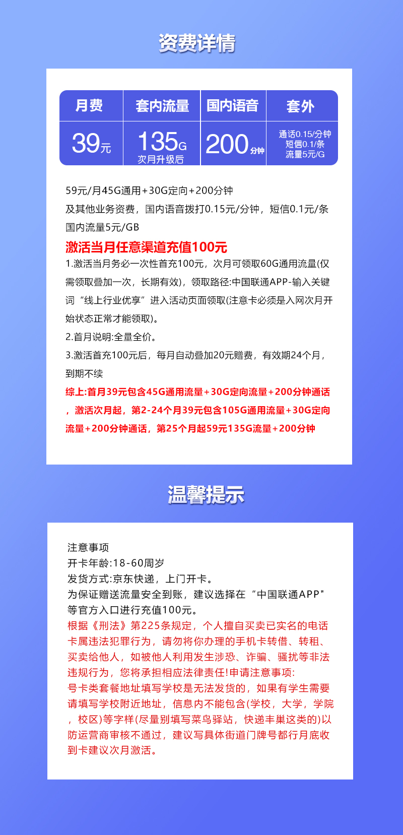 上海专属联通卡【39元135G+200分钟】详情图1