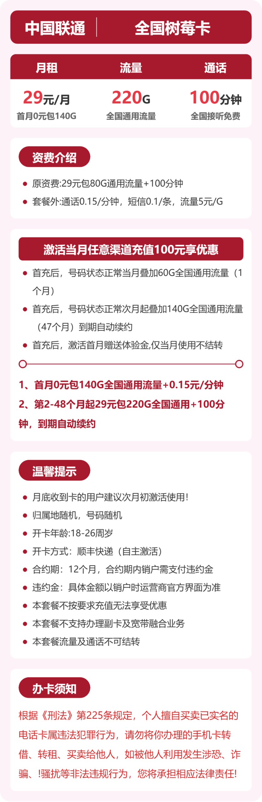全国树莓卡29元包220G+100分钟详情图1