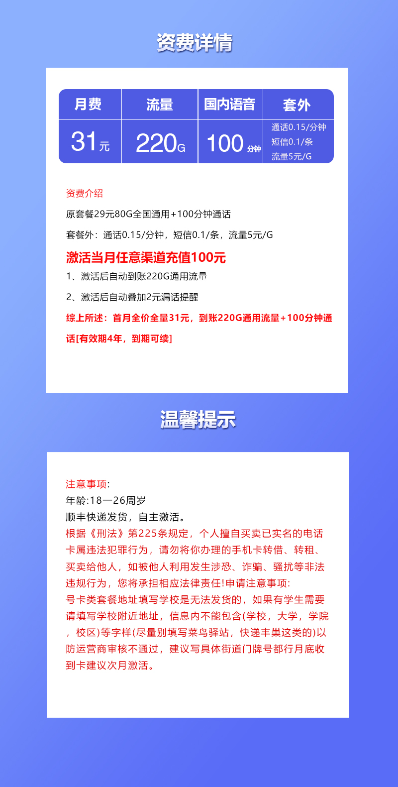 联通飞梁卡【31元220G+100分钟】详情图1