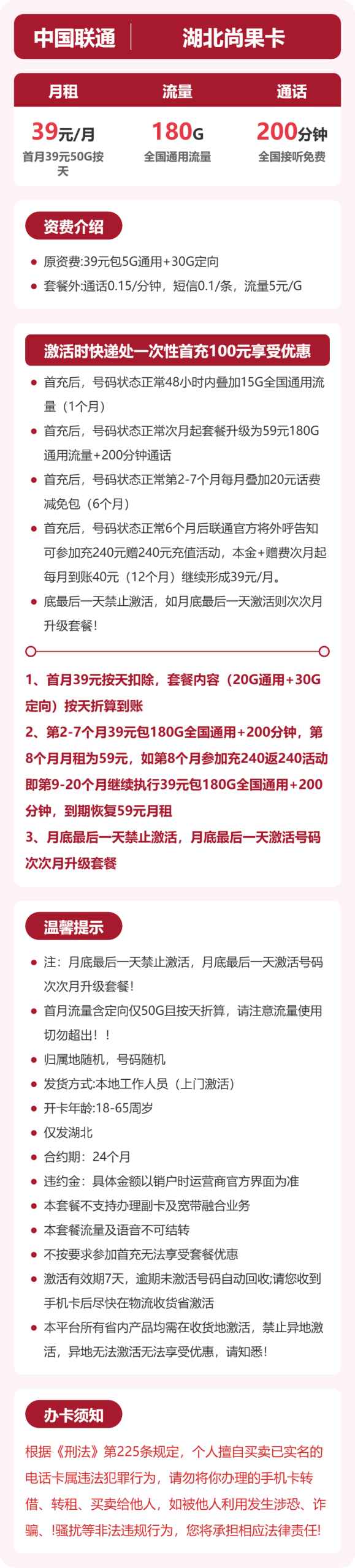 湖北尚果卡39元包180G+200分钟详情图1