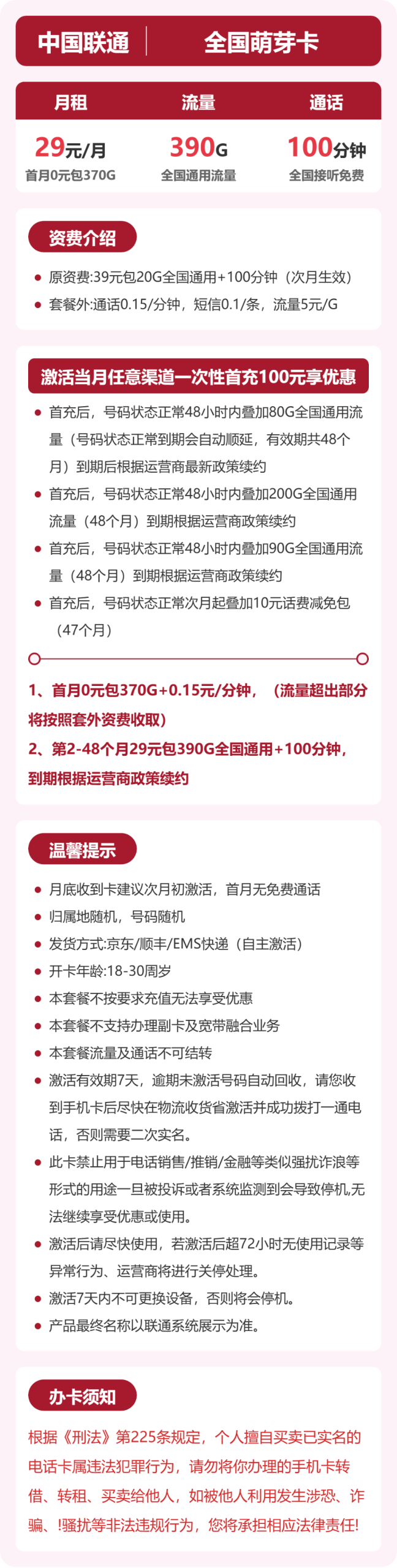 全国萌芽卡29元包390G+100分钟详情图1